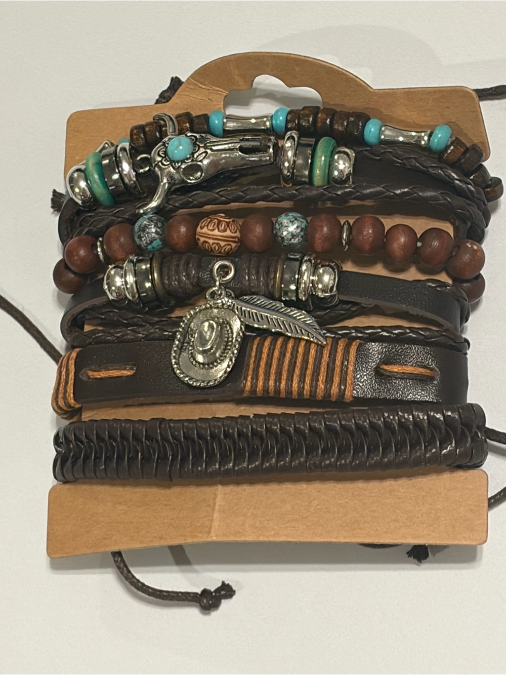 Boho leather braided wrap bracelet stack turquoise cowboy hat feather bulkhead